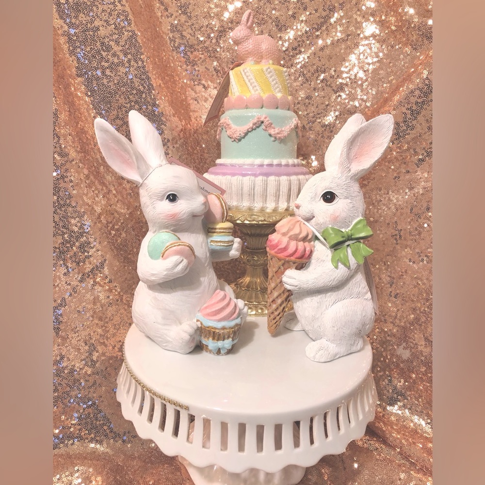 Cupcakes and cashmere pastel Easter bunny cake with pair of macaroon bunnys